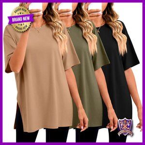 3 Pack Women's Oversized Gym Tees Side Split Crewneck Casual Workout Tops
